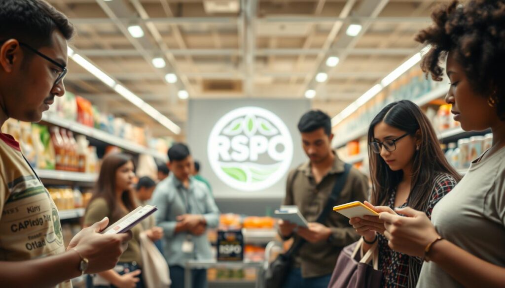 A consumer awareness campaign about RSPO certification. In the foreground, a diverse group of shoppers examining product labels and discussing sustainability concerns. In the middle ground, a large RSPO logo stands prominently, casting a soft, warm glow. In the background, a supermarket aisle filled with various household goods, conveying a sense of consumer choice and responsibility. Diffused lighting creates a thoughtful, introspective atmosphere, emphasizing the importance of informed purchasing decisions. Captured with a wide-angle lens to encompass the full scope of the scene.