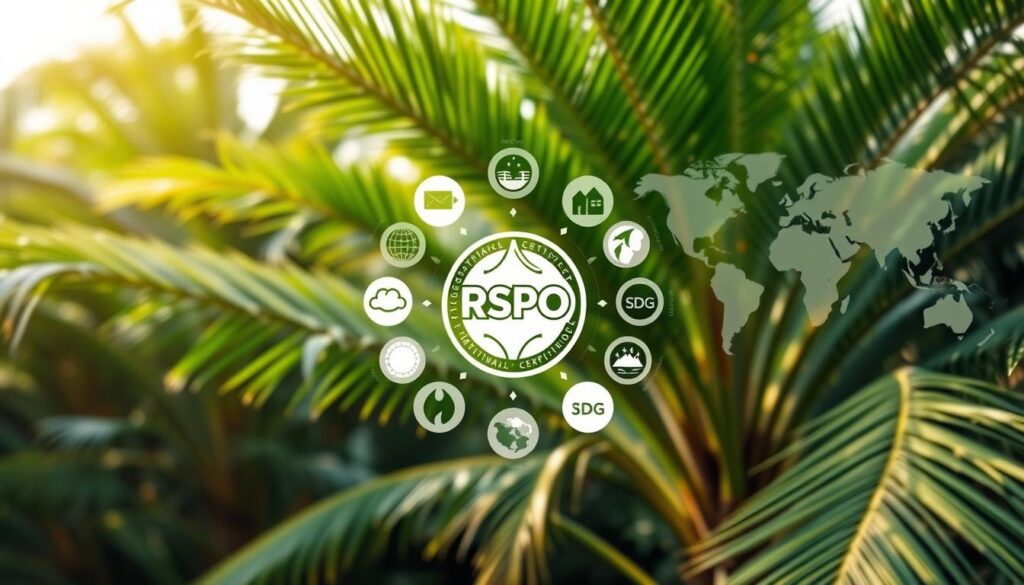 A detailed infographic showcasing the RSPO certification and its contribution to the Sustainable Development Goals (SDGs). In the foreground, a lush green oil palm plantation with healthy fronds and vibrant fruits. In the middle ground, a circular RSPO logo prominently displayed, surrounded by icons representing the key SDGs, such as zero hunger, clean water, and climate action. In the background, a subtly blurred world map, highlighting the global reach and impact of RSPO-certified sustainable palm oil. The lighting is natural and warm, with a soft, earthy tone that evokes a sense of environmental responsibility. The overall composition conveys the harmony between RSPO certification and the advancement of the United Nations' sustainable development agenda.