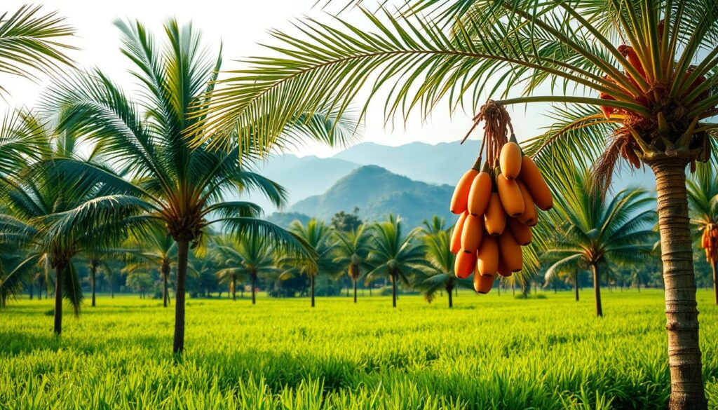 A lush, verdant field of oil palm trees stretches across the frame, their fronds swaying gently in the warm breeze. In the foreground, a cluster of plump, glossy fruits hang from the branches, their deep orange hues catching the golden sunlight. Behind the trees, a series of rolling hills rise up, cloaked in a hazy, atmospheric blue. The scene conveys a sense of natural abundance and harmonious coexistence, hinting at the intricate relationship between Malaysia's oil palm industry and the pursuit of sustainability. The overall composition suggests a balanced, thoughtful approach to the subject, inviting the viewer to consider the nuances and complexities involved.