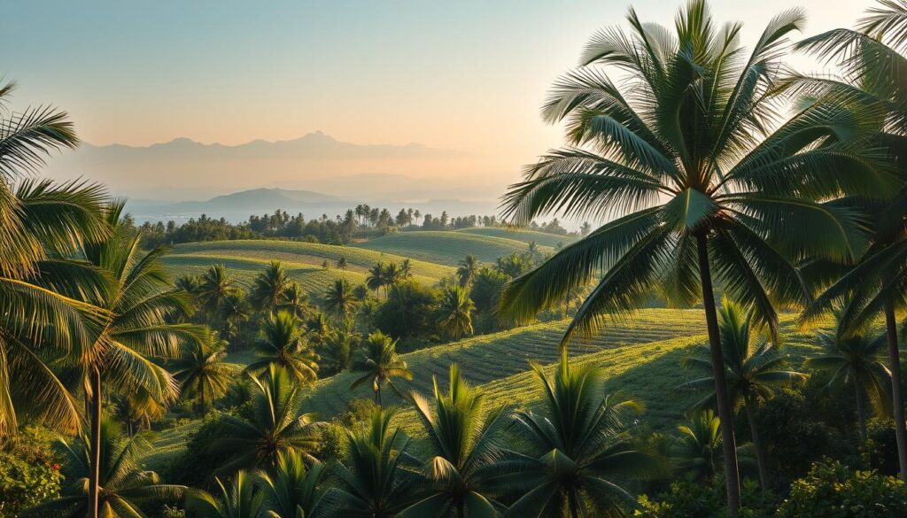 A tropical landscape with lush, verdant palm trees swaying gently in the breeze. In the foreground, a symbolic representation of Malaysia's palm oil industry regulations, perhaps a stylized graphic or icon, stands prominently. The middle ground features a rolling landscape of immaculately maintained palm plantations, their fronds casting intricate shadows across the scene. In the distance, the hazy silhouettes of distant mountains provide a sense of depth and scale. The lighting is warm and golden, casting a serene, contemplative atmosphere, suggestive of the future direction of Malaysia's palm oil standards. The overall composition conveys a harmonious balance between environmental sustainability and economic progress.